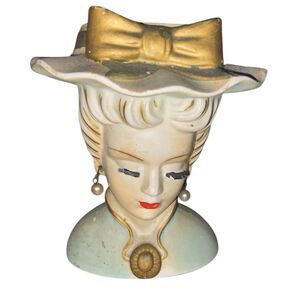 Vintage Lee Wards lady head vase exclusively made in Japan w/ earrings MCM   Z93